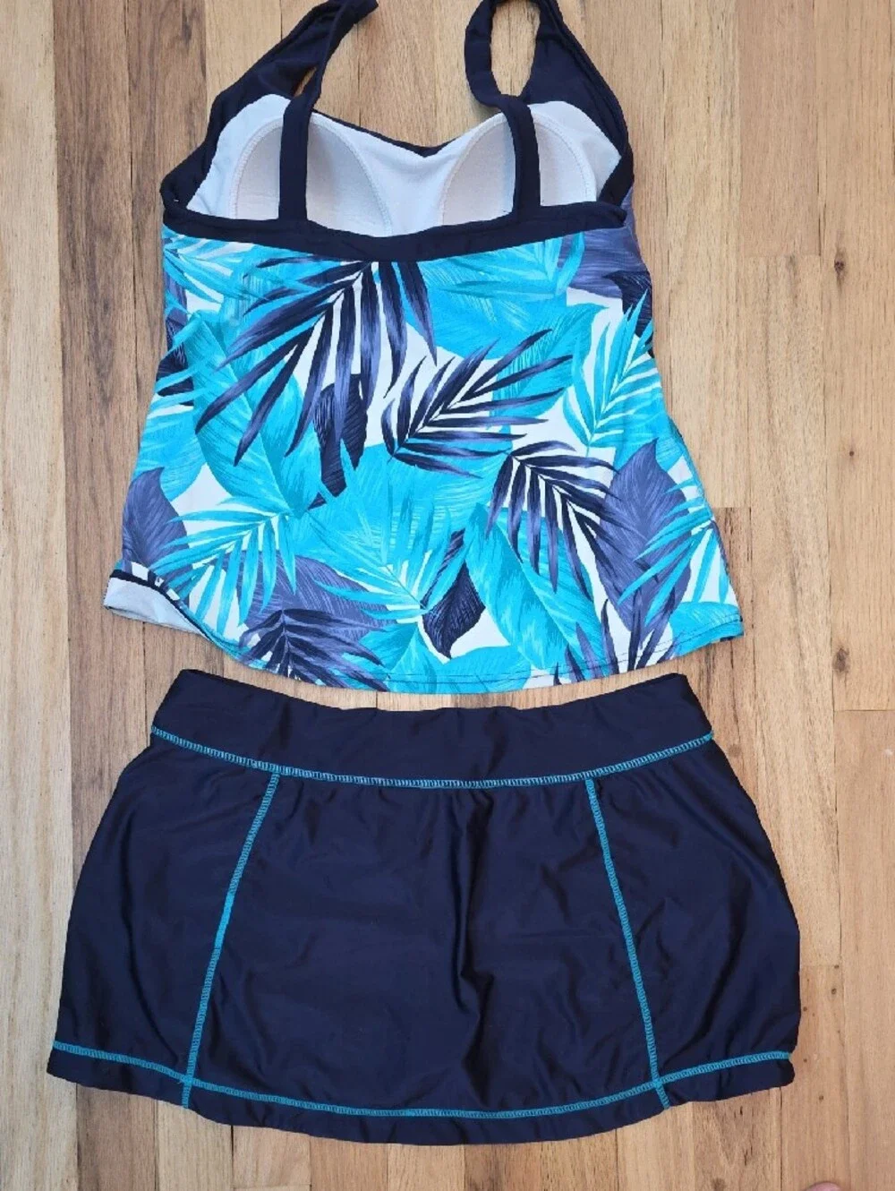 ZeroXposur Blue Tropical Leaf Tankini with Navy Swim Skirt